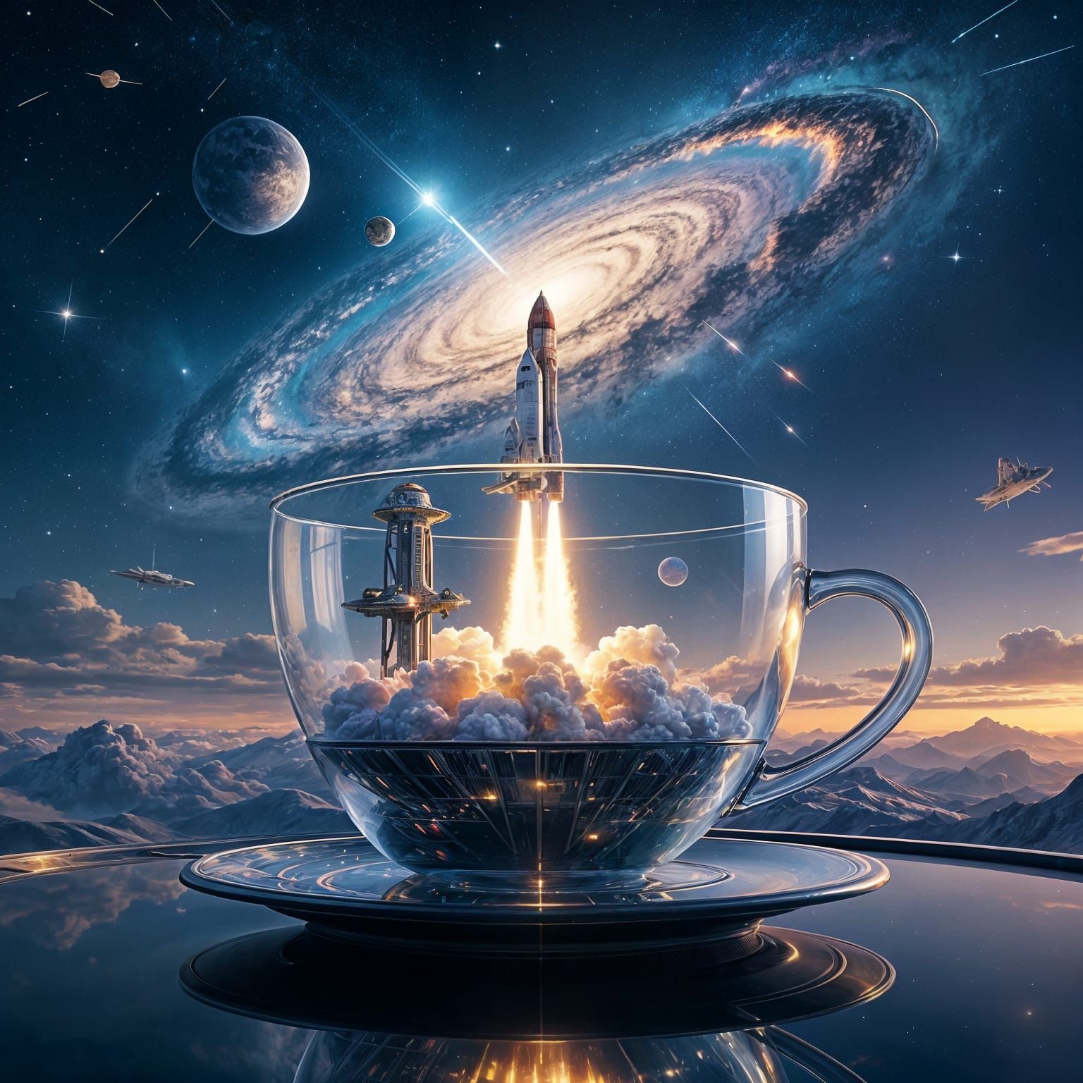 in a transparent glass cup there is a spaceport with a shuttle taking off to the stars. above the cup ...  by @Zacharo