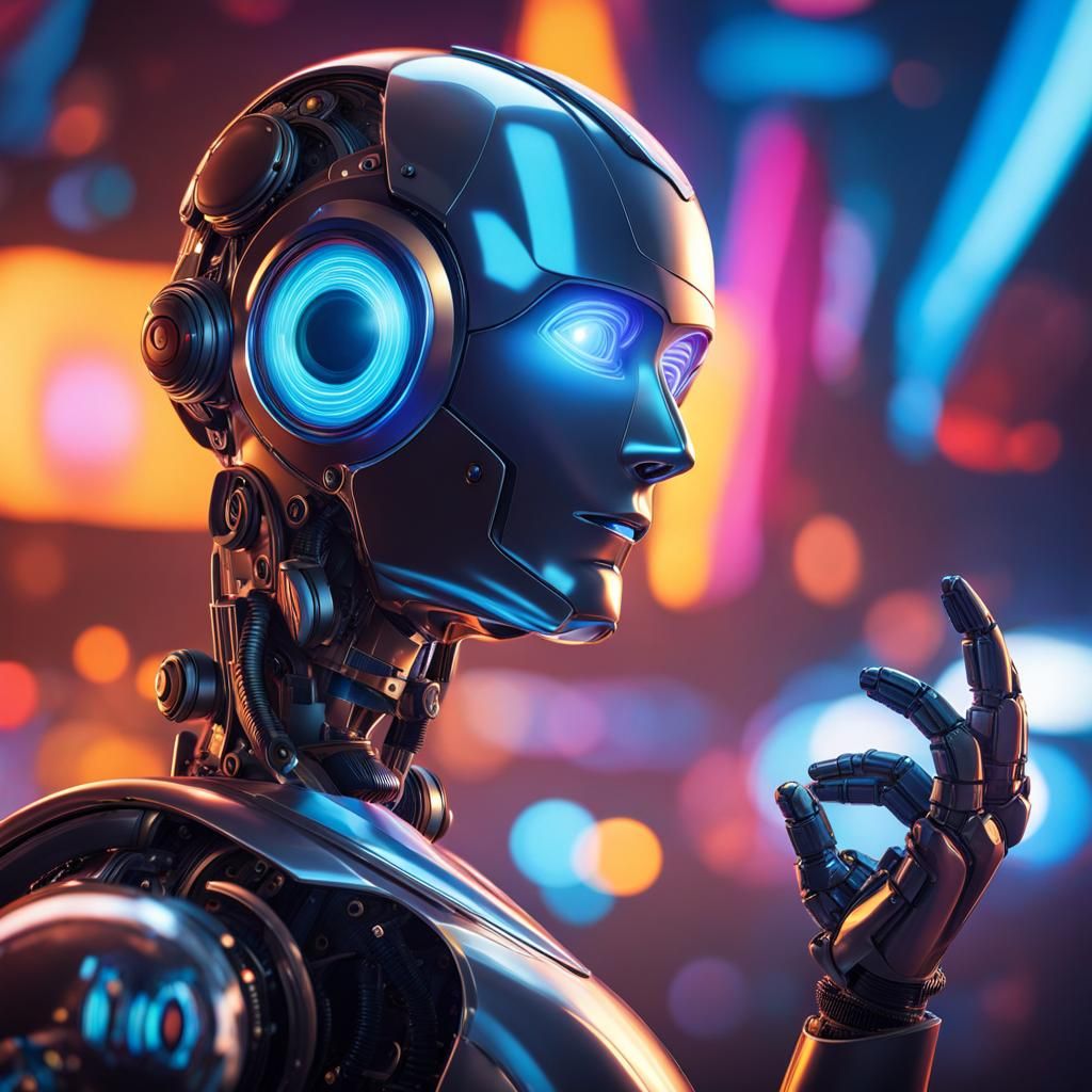 A Man asking a question mark-shaped robot or AI assistant