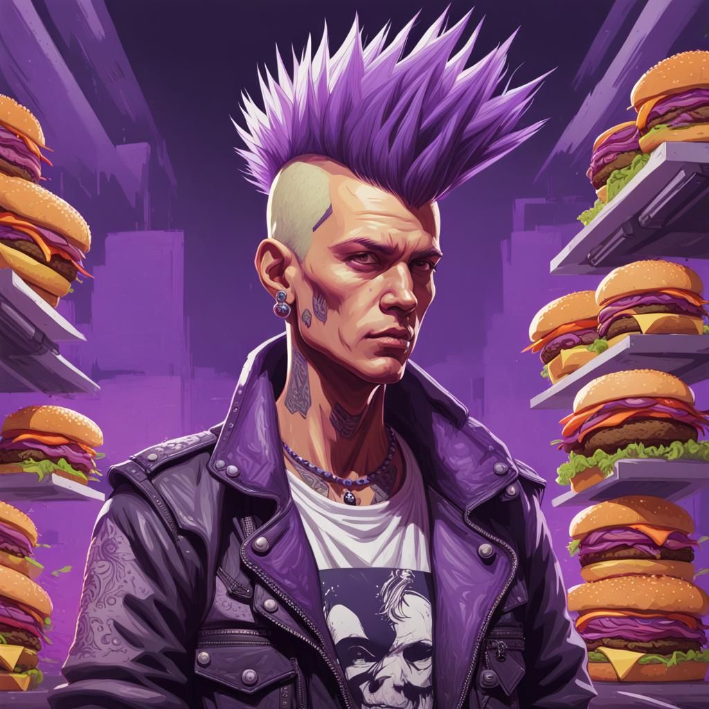 Punk rocker Screen printer with a purple Mohawk. There are p...