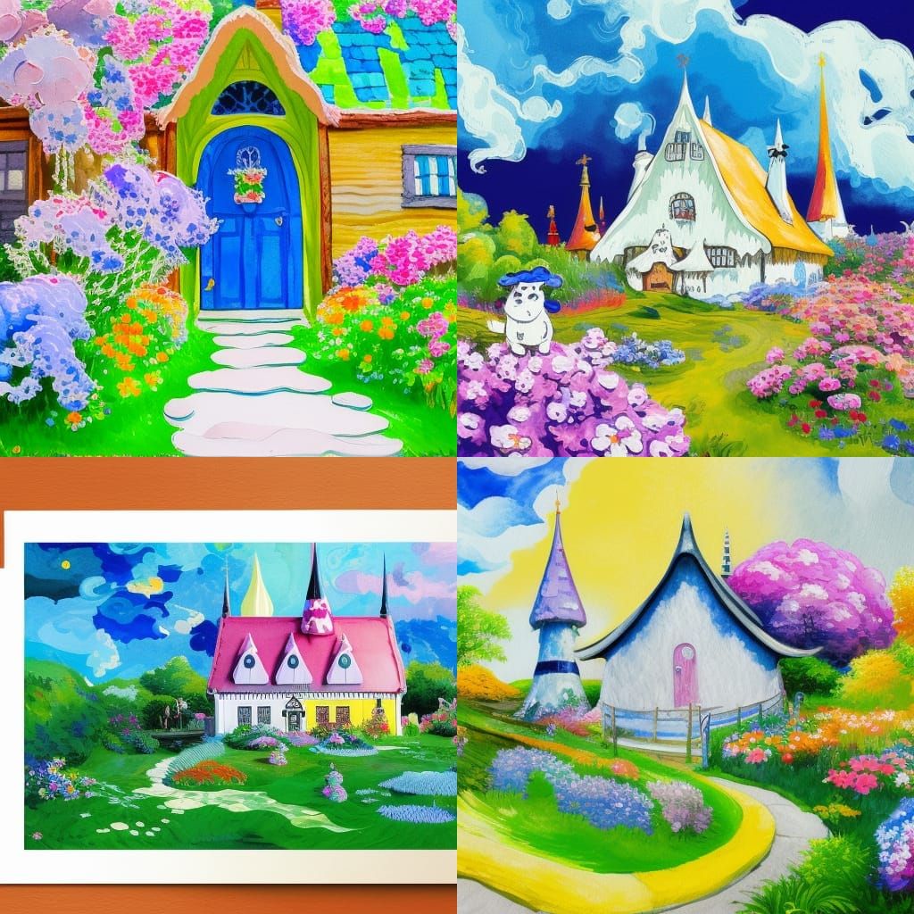Moomin house, cottagecore, scenic, hyperdetailed, rgb, colorful, cute fluffy cow, lush flowers