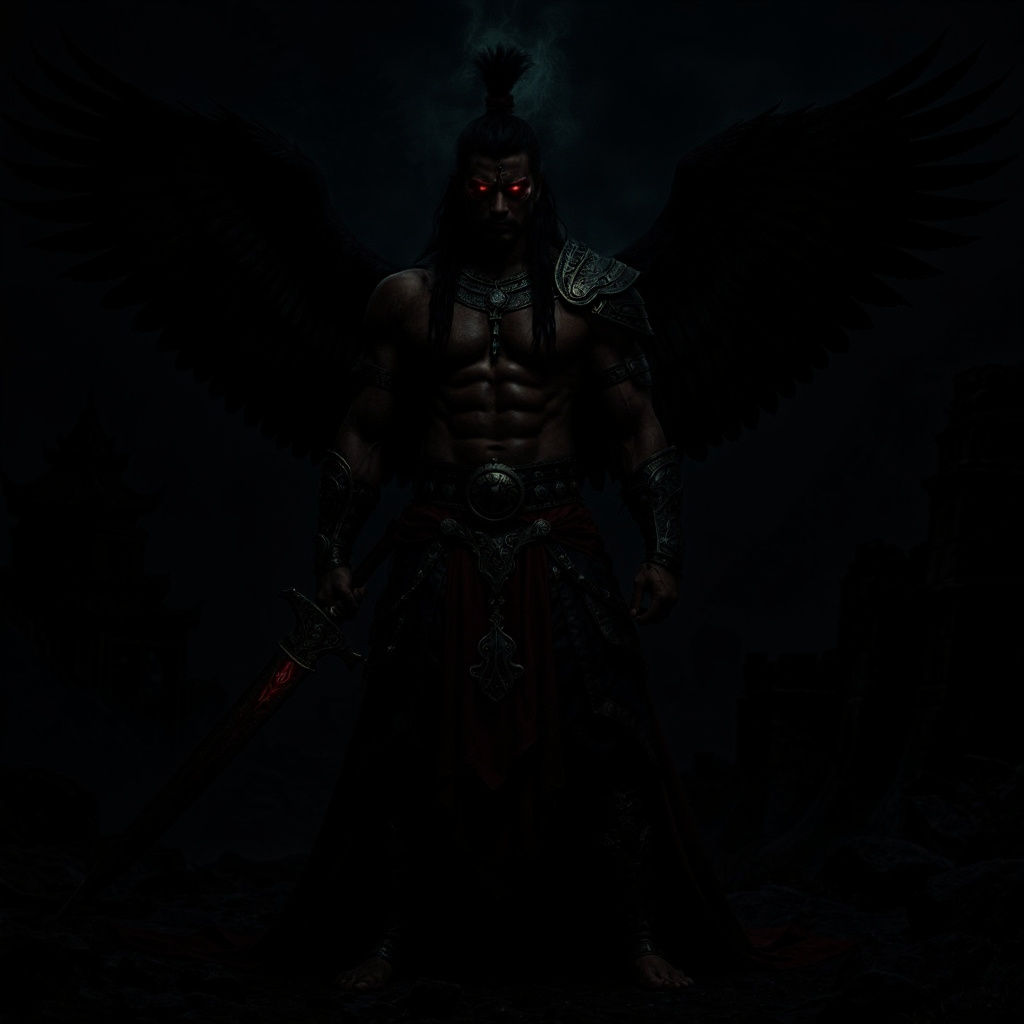 The image presents a striking figure that blends his human, avian, and serpentine elements into a powerful, mythic warrior. The central char...