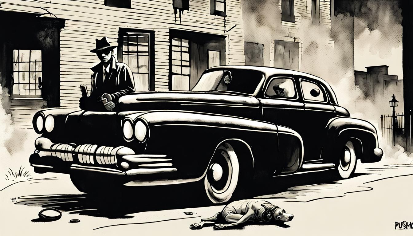 "Pusherman" epic gritty film noir retro crime masterpiece by Tim Burton Gerald Brom Julia Pott