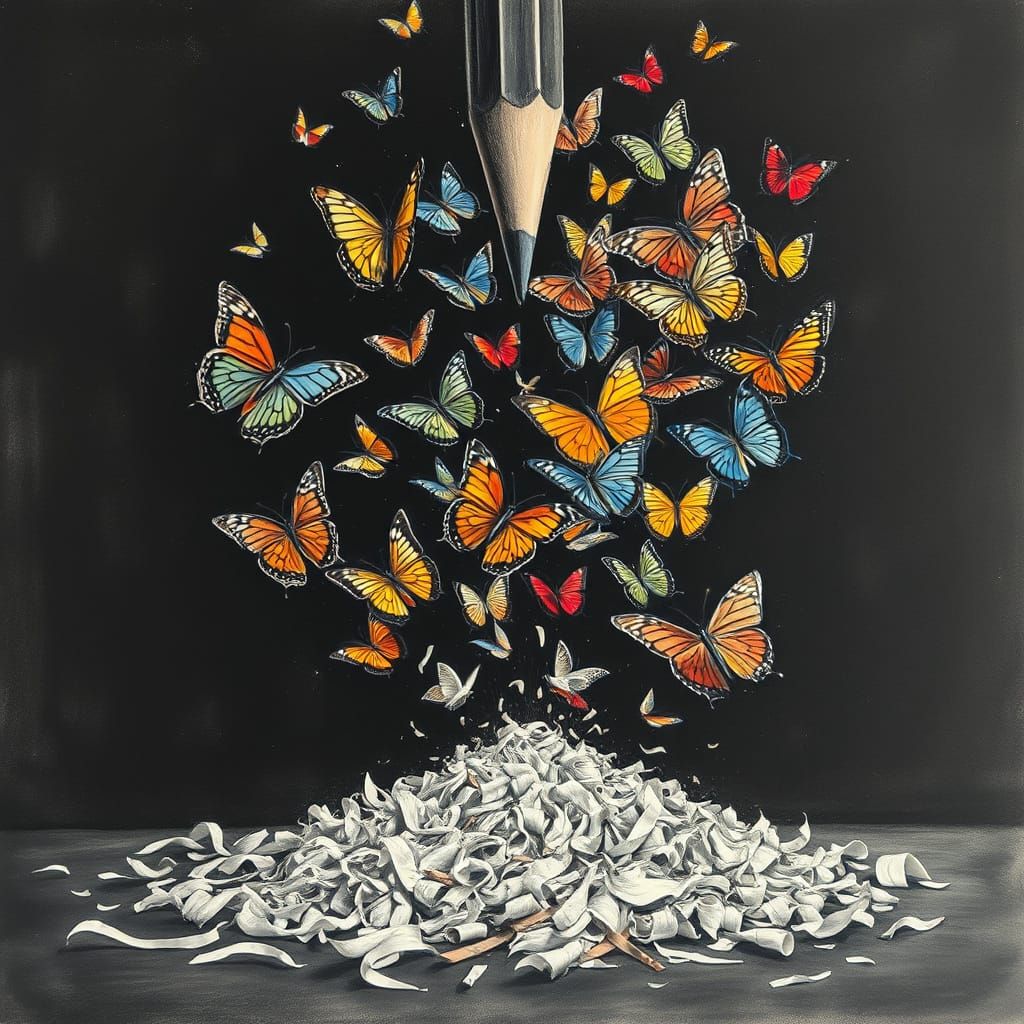 A sworm of butterflies coming out of falling pencil shavings from a pencil being sharpened 