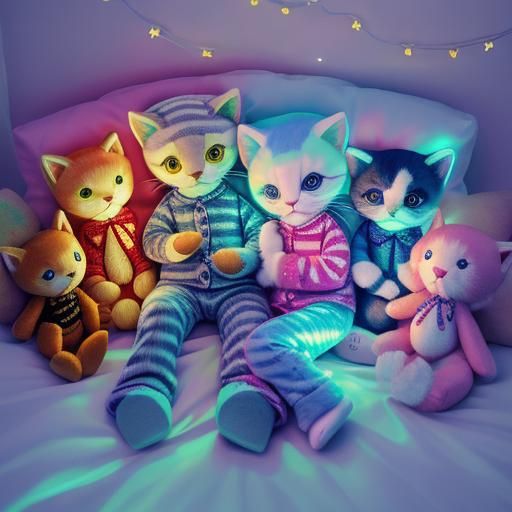 kittens in pajamas laying in bed at night with stuffed toys ...