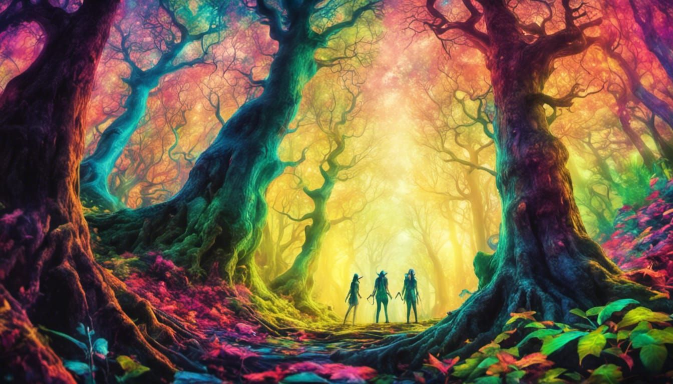 wood elves having psychedelic daydreams in a psychedelic fan...