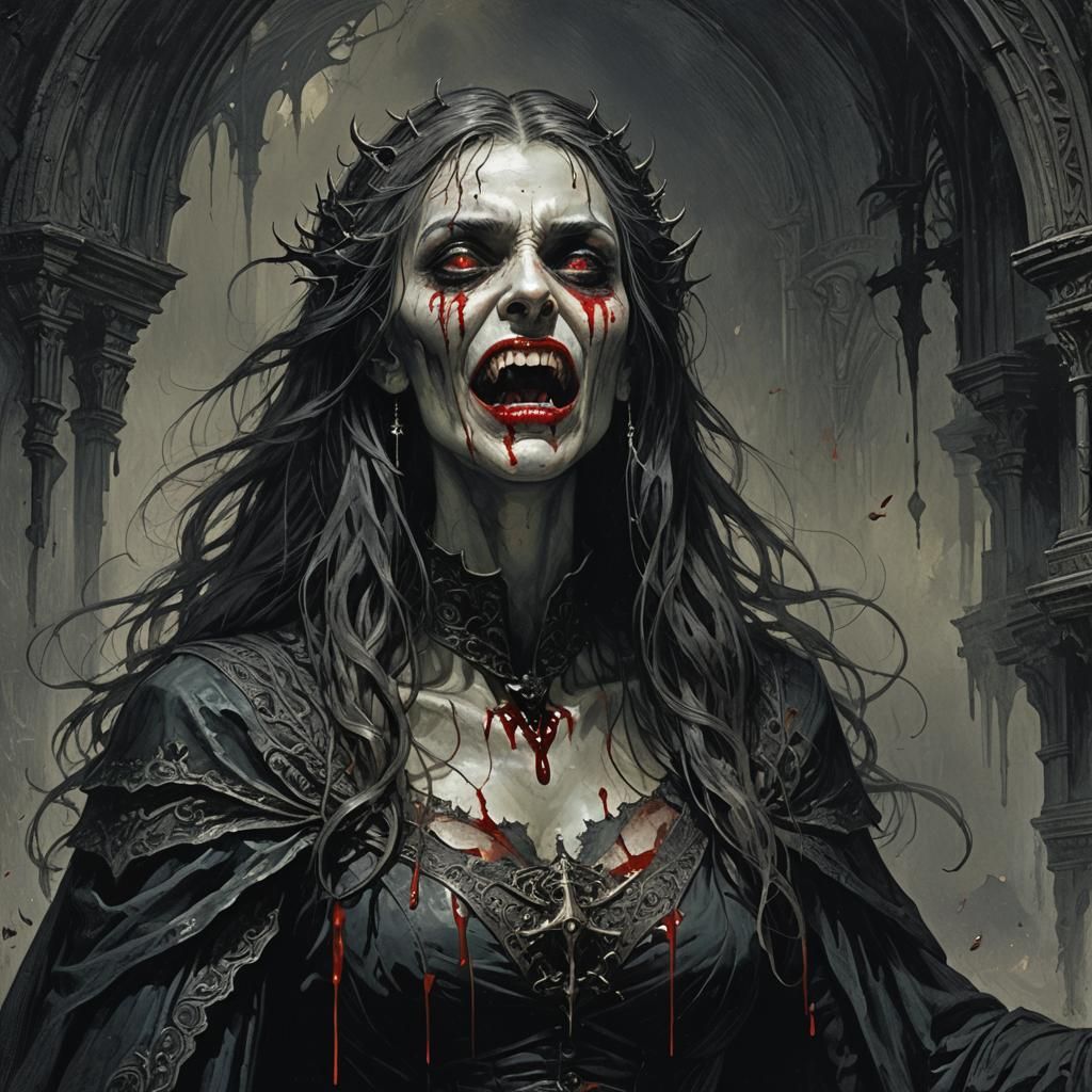 Dark female vampire with blood dripping from her vampire tee...