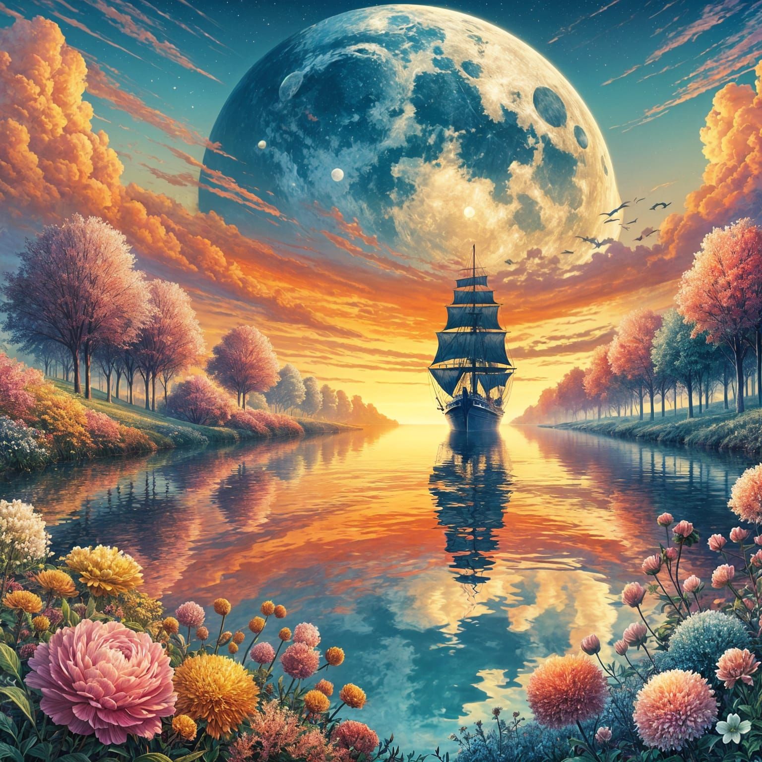 A serene lake framed by blooming flowers. A tall ship reflects under an enormous moon. Warm sunset colors ...  by @KomBib