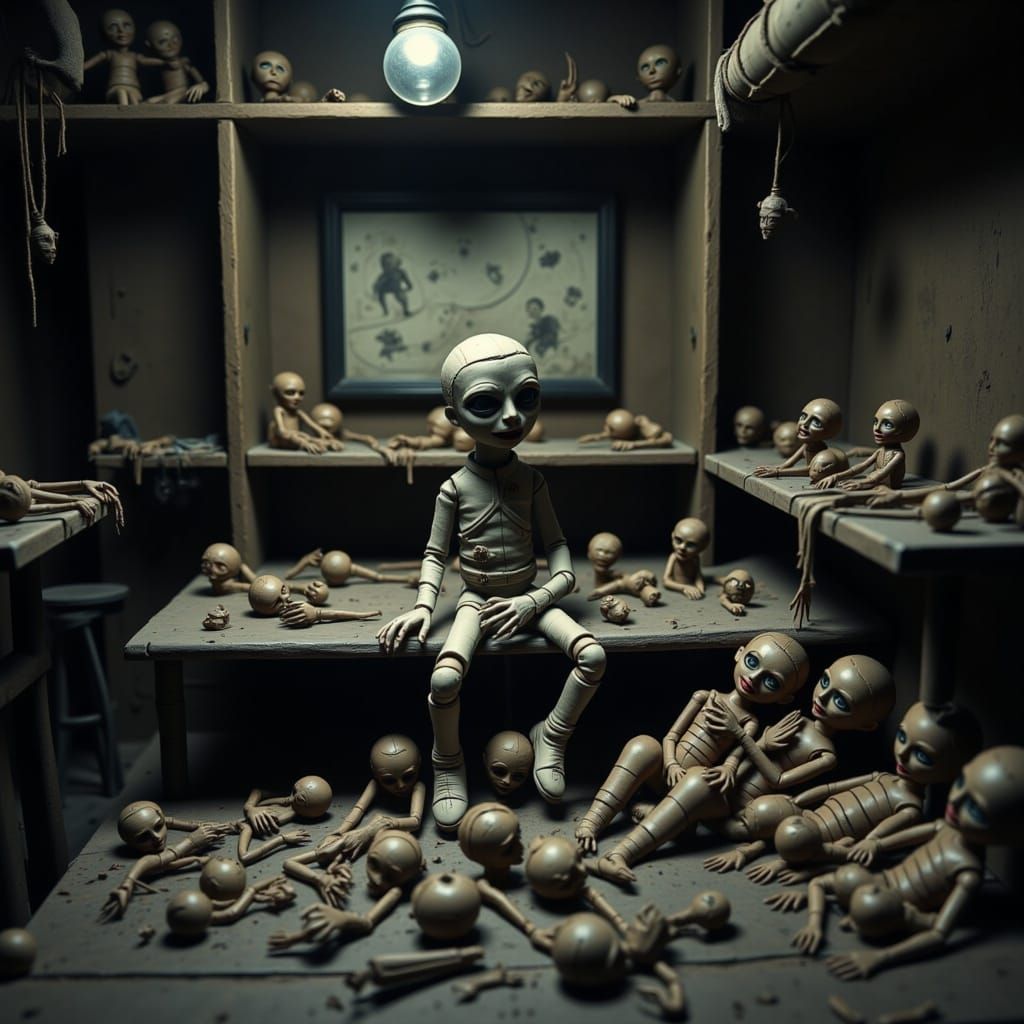 A clay soldier, broken and warped, its limbs disconnected, sits on a shelf among discarded clay fragments. Its eyes are deep, hollow voids, ...