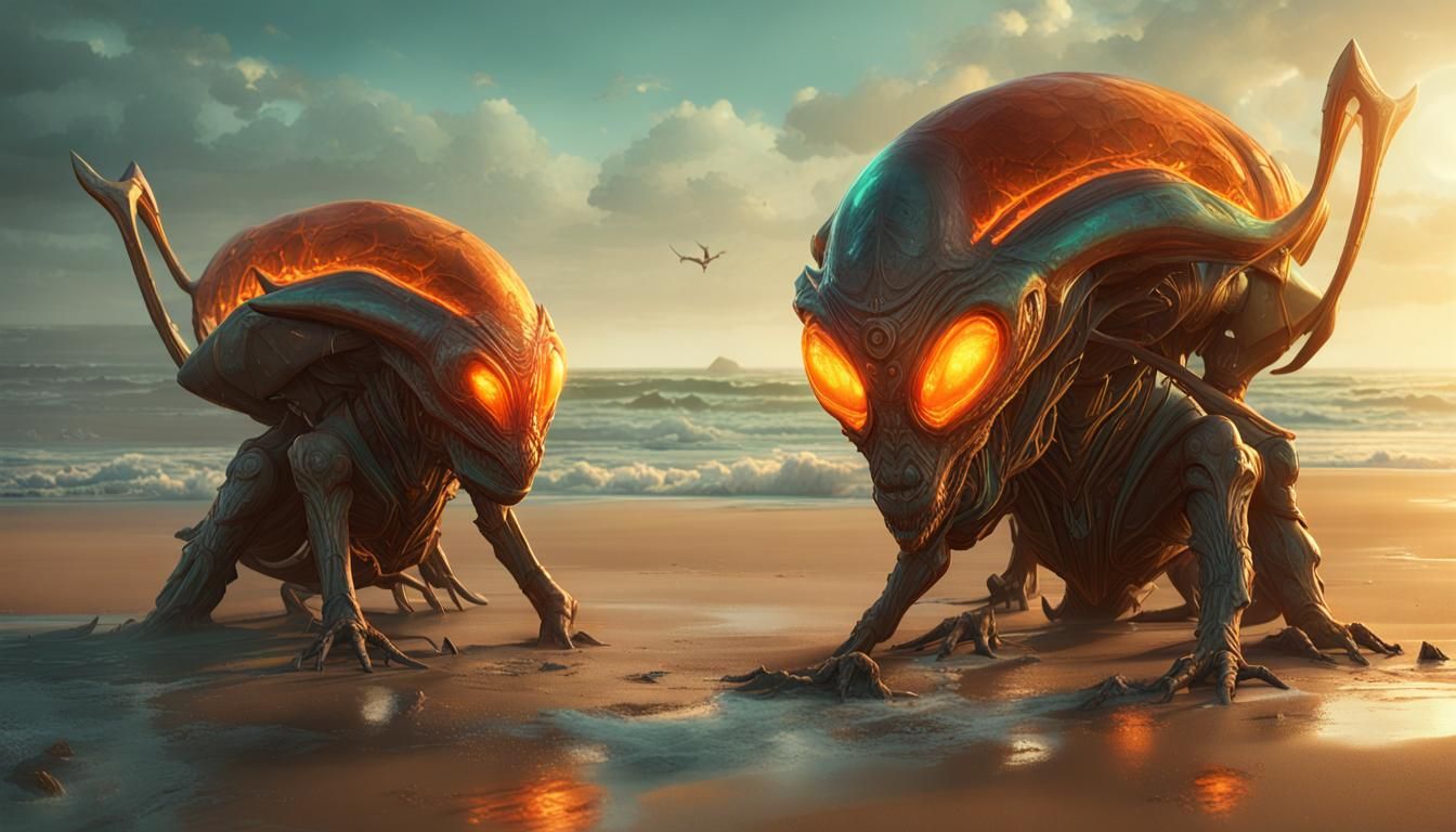 schöne alienfrauen, am strand,alien -pets,türkis,orange, gel...