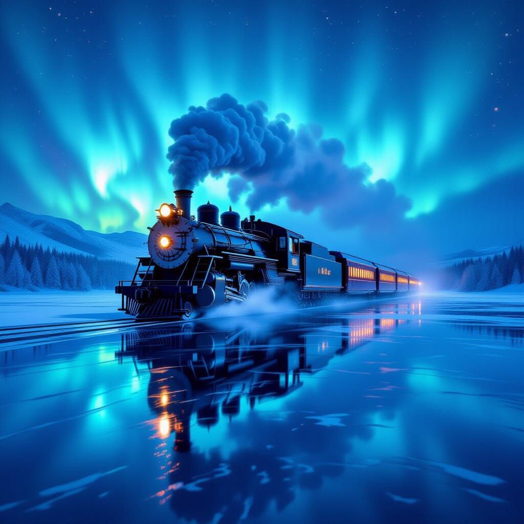 A locomotive drifts across a frozen lake.
Auroras dance in reflection beneath wheels.
Stillness shatters beneath thunderous engine roars.