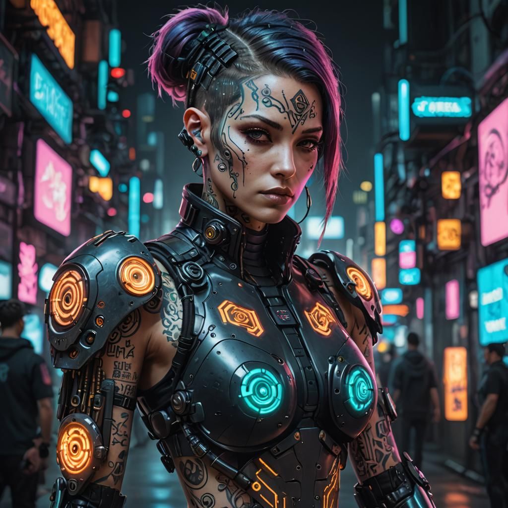 Cyberpunk woman with glowing biopunk tattoos  by @undefined