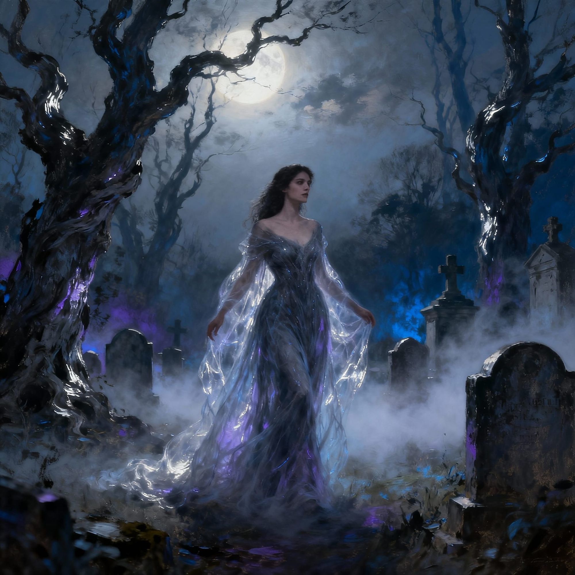 A mysterious woman in a flowing, ghostly gown in a misty cemetery, with twisted trees and tombstones under the moonlight a movie still oil p...