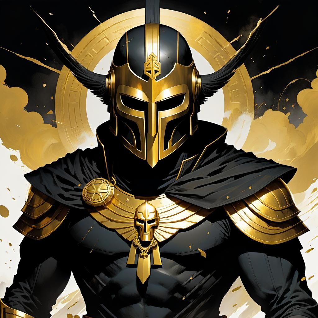 a hero with a dark uniform with a golden mask, a greek delta...