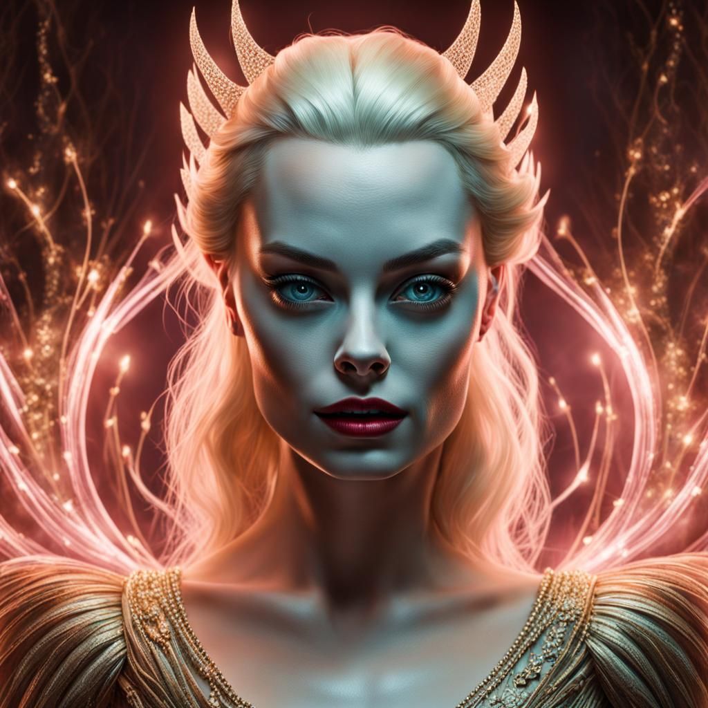 Hyperrealistic Margot Robbie as will-o'-the-wisp, full body