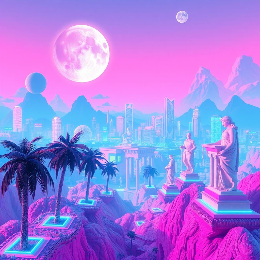 Art by James White, digital dreamland in neon pink and blue, vaporwave