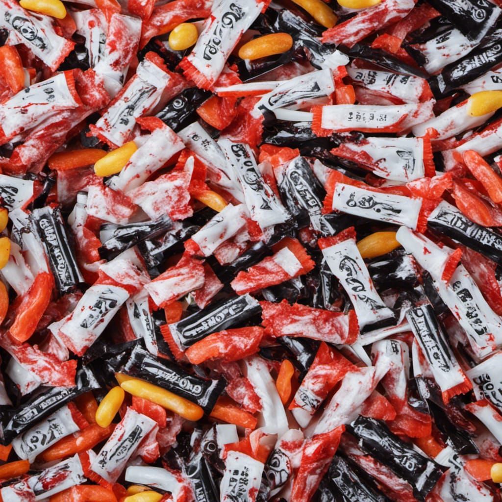 Halloween candy in a bag with razor blades pins knives bloody and gory ...