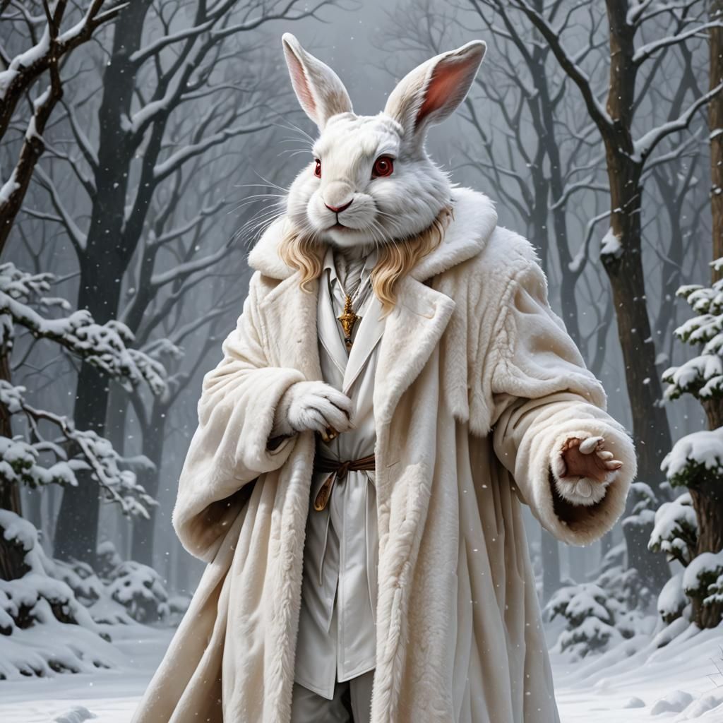 blizzard snow storm: white rabbit wearing a long white fur coat: web ...