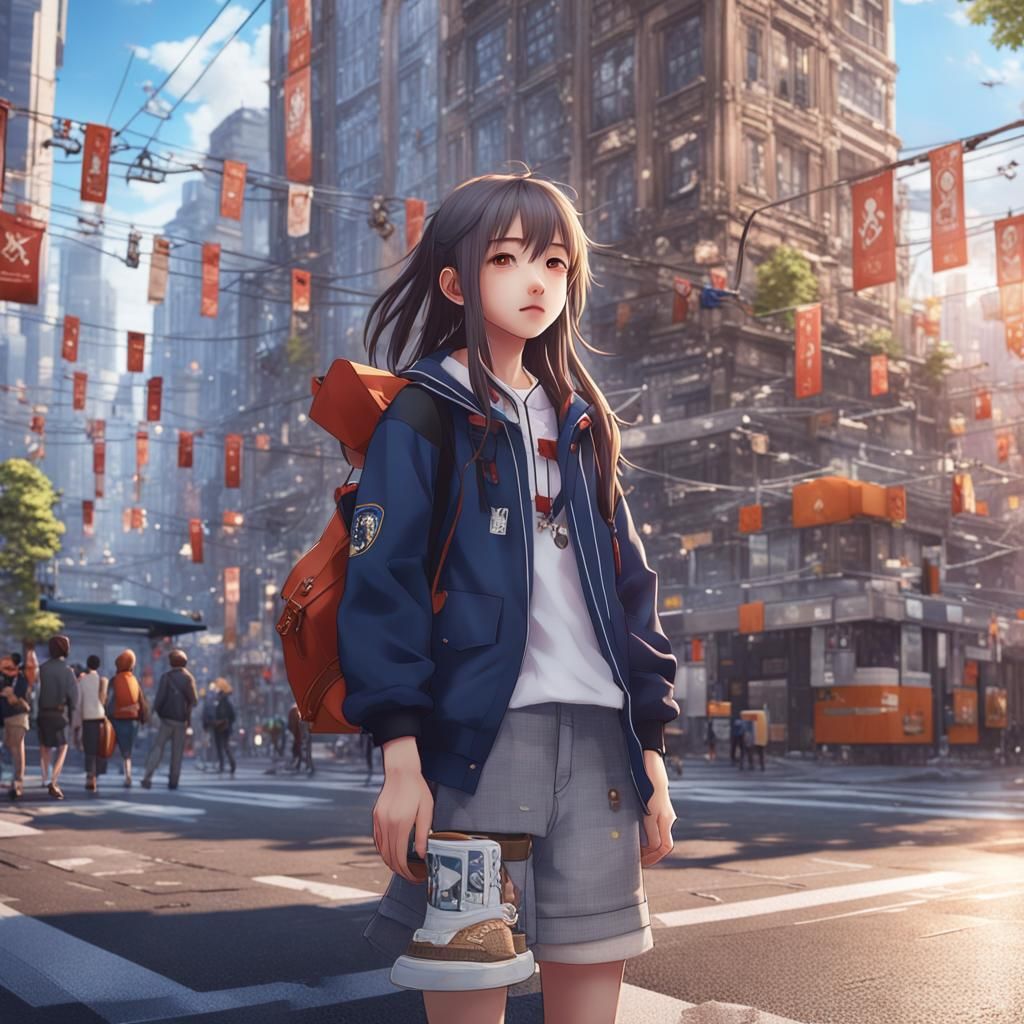 a perfect composition of a girl teenager in the city