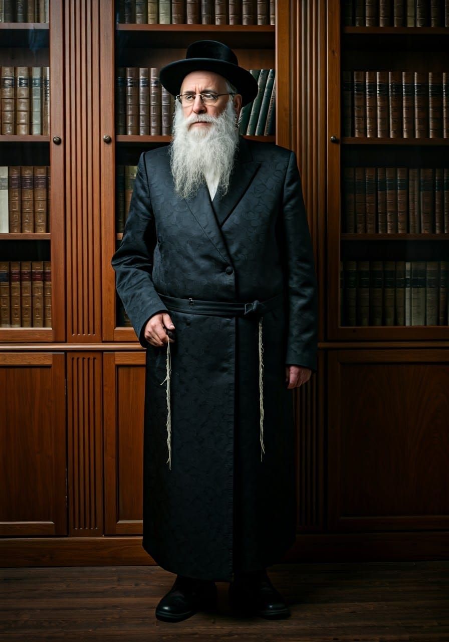 Somber Hasidic Scholar Lost in Thought Before Bookcase