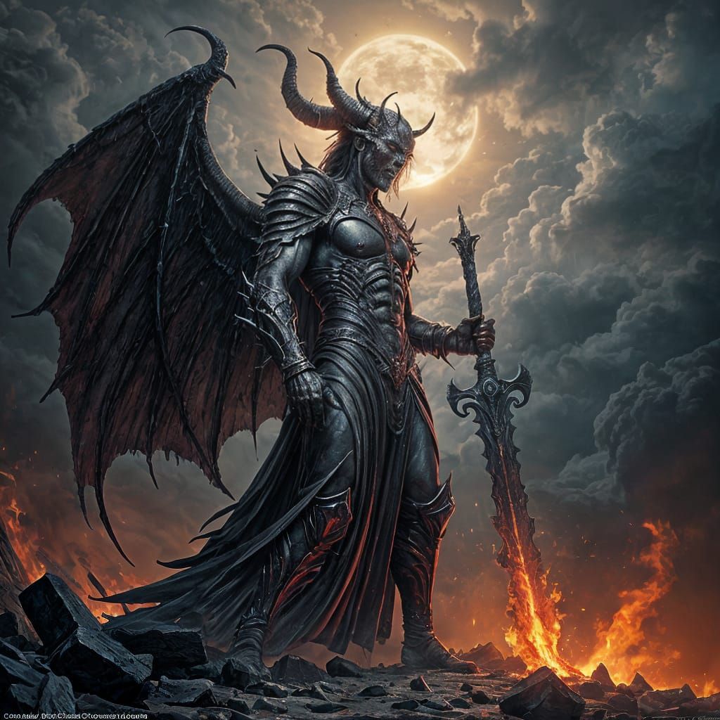 An evil burning demon with a fiery sword looks at the sky