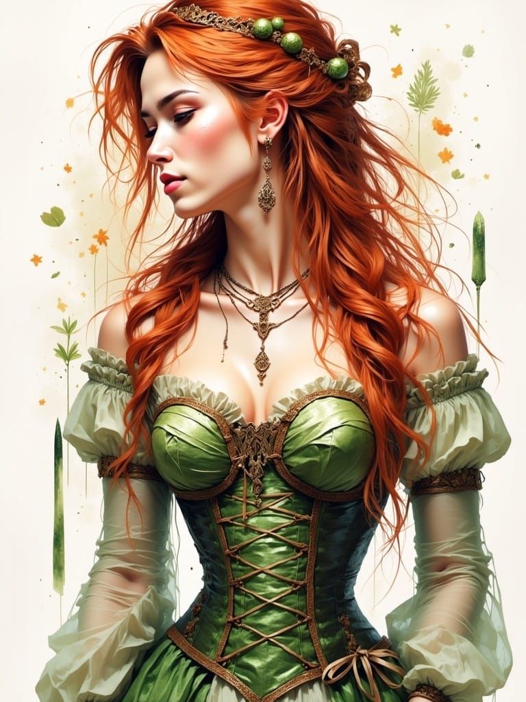 Watercolor painting Red haired woman green and brown corset ribbons in her hair high fantasy portrait fine details <lora:Dark Web Core:1.0> 