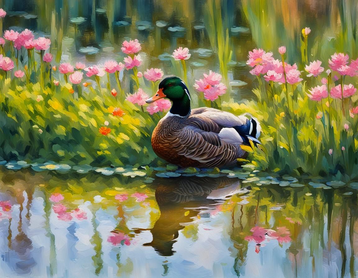 Eine Ente auf einem glatten ruhigen Teich. Frühlingsblumen am Ufer