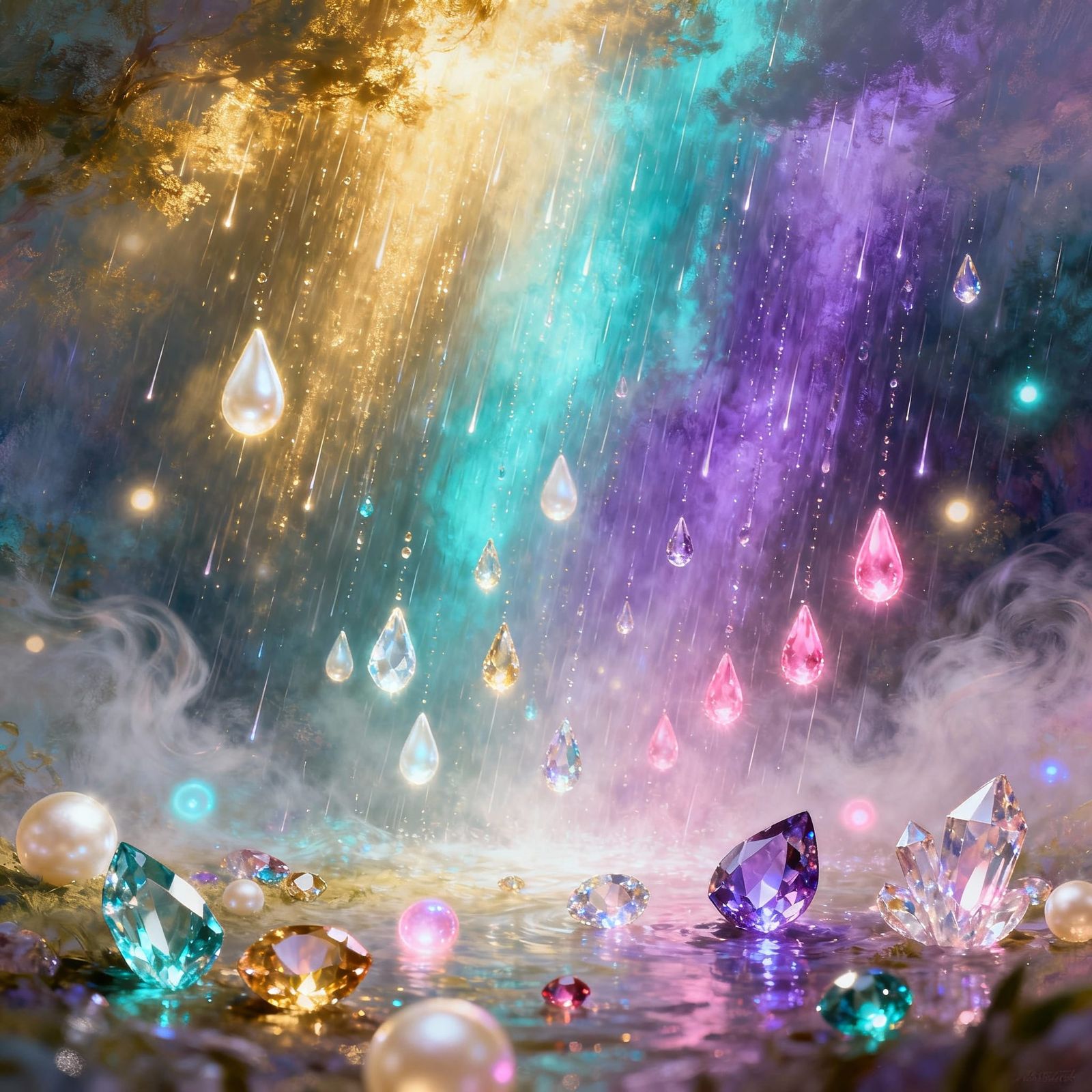 Divine Light and Gemstones Descend from Shimmering Skies