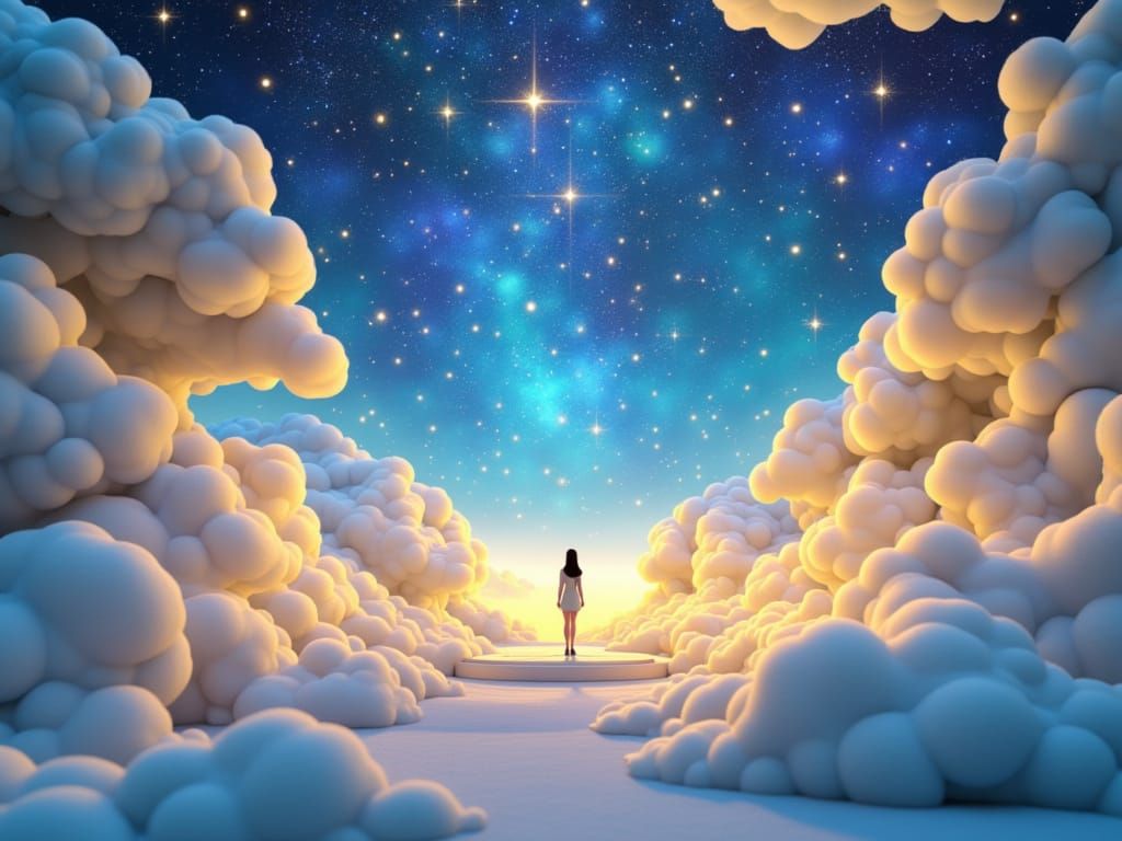 3d  concept design for a Fantasy photo set with one side transitioning into a the night sky, super fluffy clods, twinkling lights floating i...