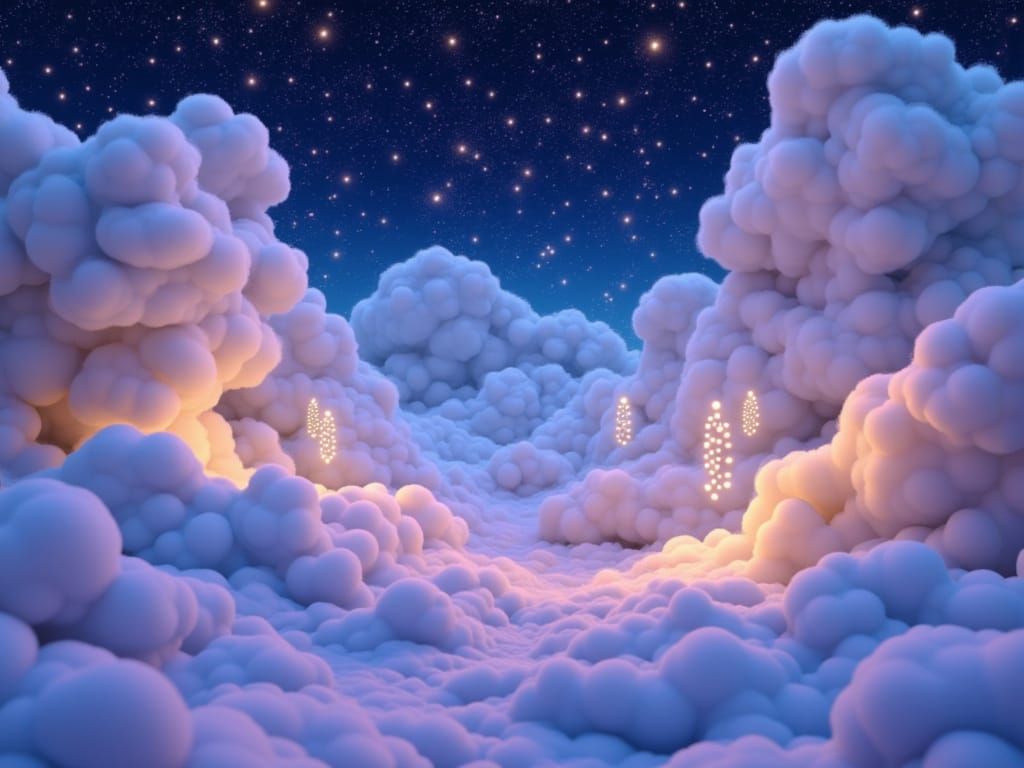 3d  concept design for a Fantasy photo set with one side transitioning into a the night sky, super fluffy clods, twinkling lights floating i...