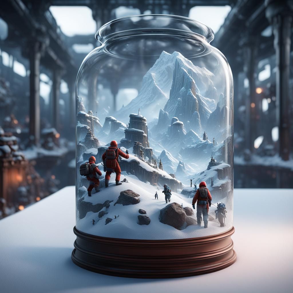 Thw battle of hoth happening inside a glass bottle terrarium...