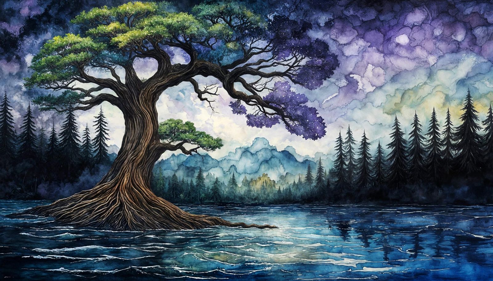 an enormous magic tree waters the earth like a giant water fountain:  impasto oil painting: pine tree ...  by @Tabster