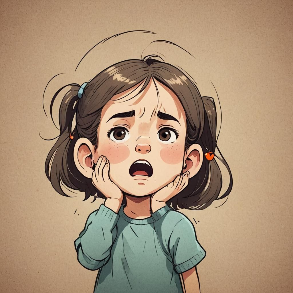 A little cartoon girl has a pain in her ear