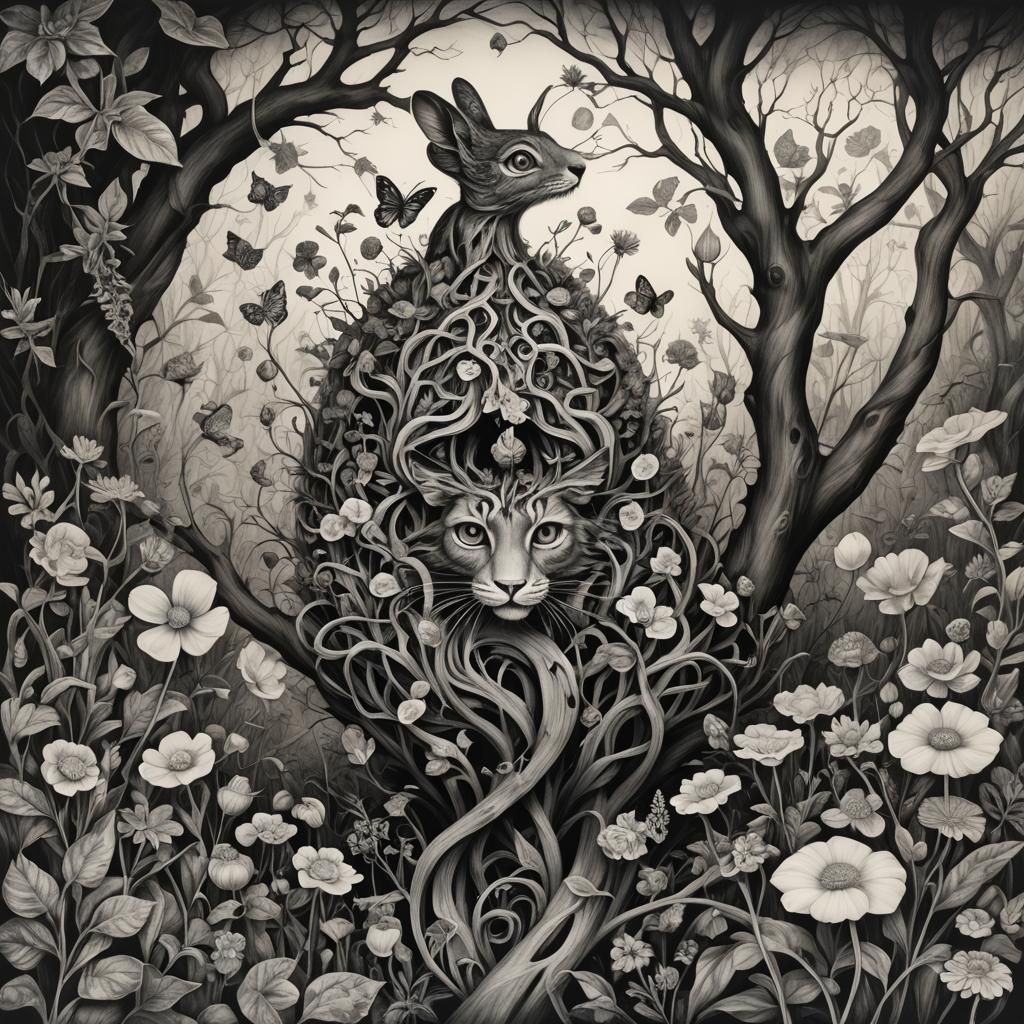 A charcoal drawing capturing the twisted beauty of Wonderlan...