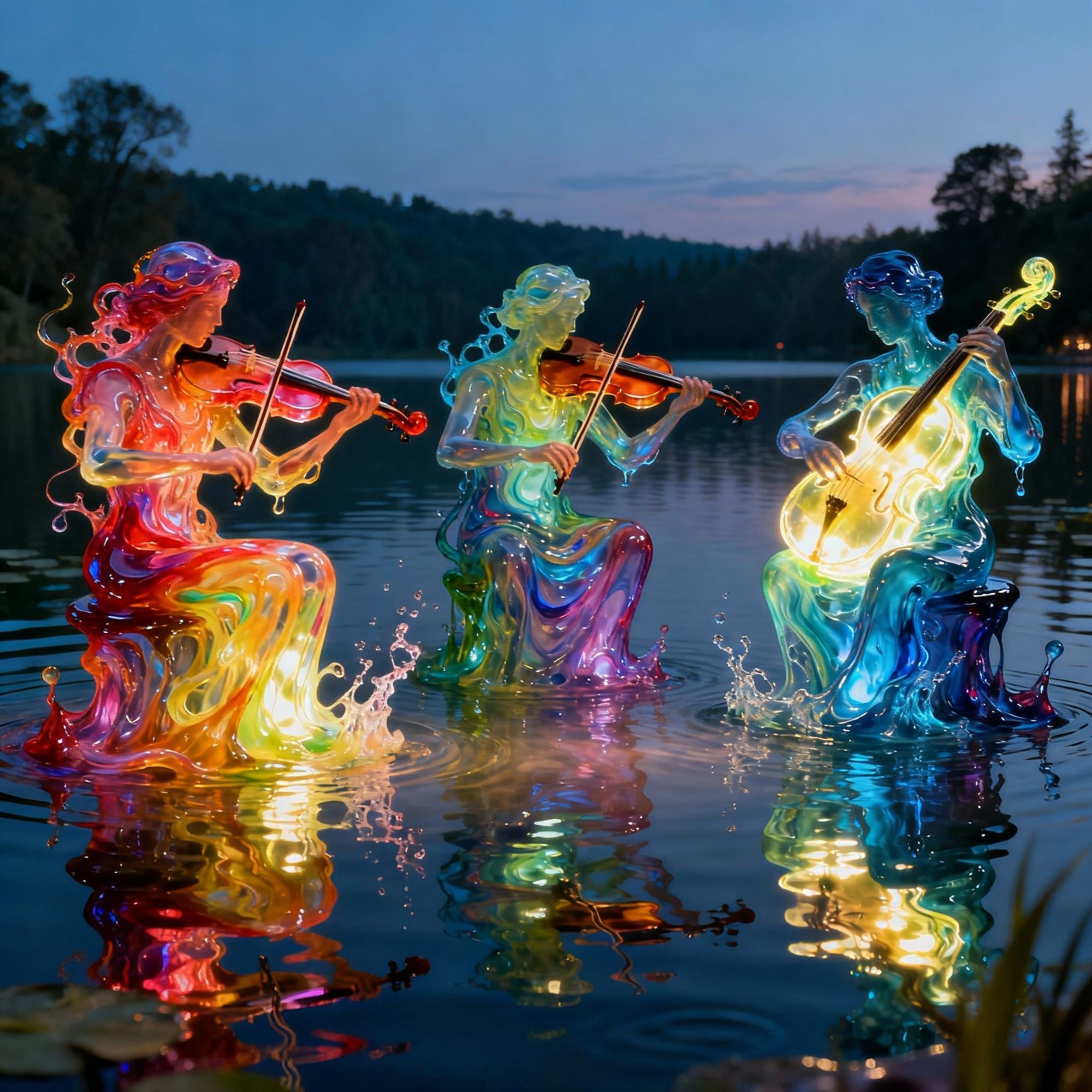 Water music. People are liquids Orchestra created out of liquids of different colours. The stage is a placid lake
