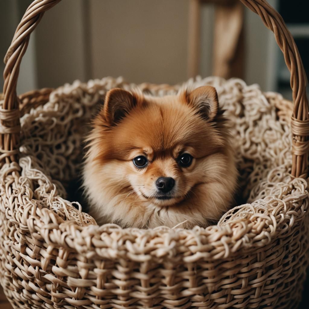 Pomeranian Dog in Basket, Cinematic Film Still
