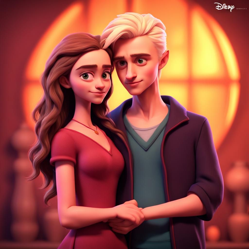 Draco and Hermione from Harry Potter in a relationship in a Disney style as  Disney character - AI Generated Artwork - NightCafe Creator