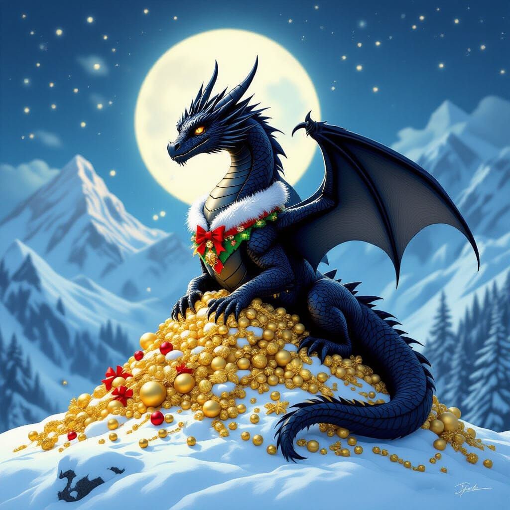 sweet black dark dragon with snow background and golden treasure, christmas outfit - Start Image 2