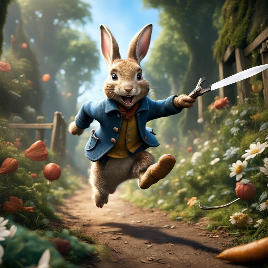 peter rabbit running from a knife carried by Peter Pan - AI Generated