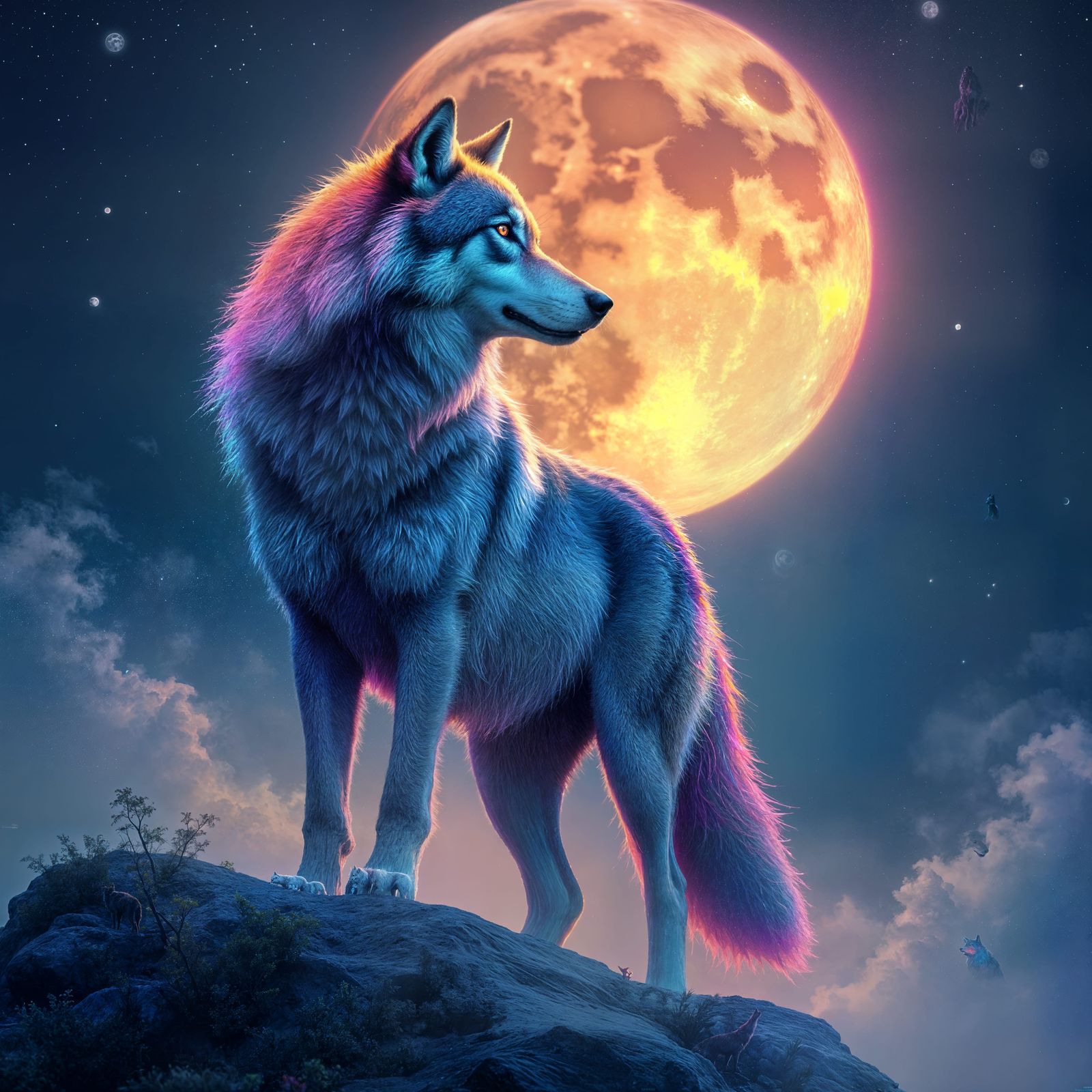 Wolf Under Radiant Full Moon in Vibrant Cosmic Landscape