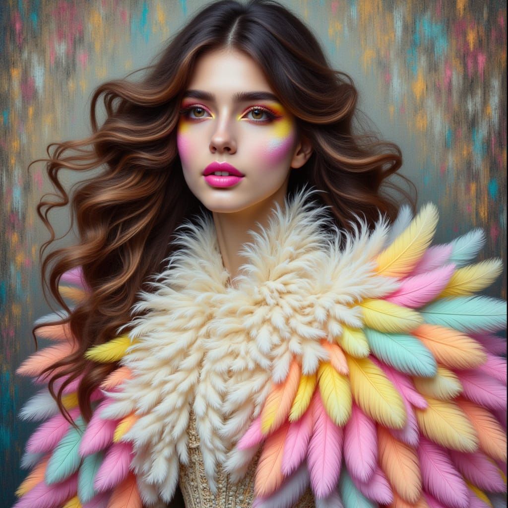 <lora:kak-Featherlychic:1.0>A woman, her face is painted in neon pastels, with long, wavy, windy hair, wearing a Victorian dress made entire...