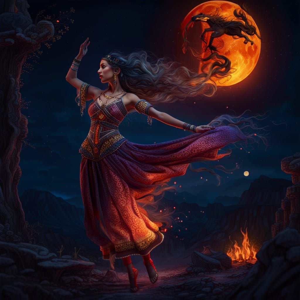 A gorgeous gipsy princess dancing around a huge fire at nigh...