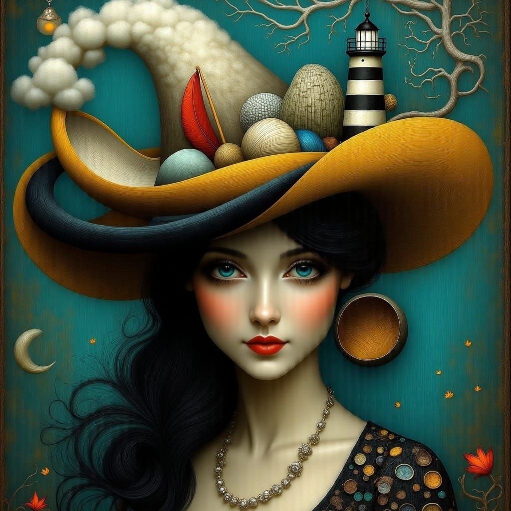 <lora:A LITTLE SURREAL:1.0> a dark haired woman in a fancy hat; the hat is a little surreal, adorned with iridescent shells, pearls, a woode...