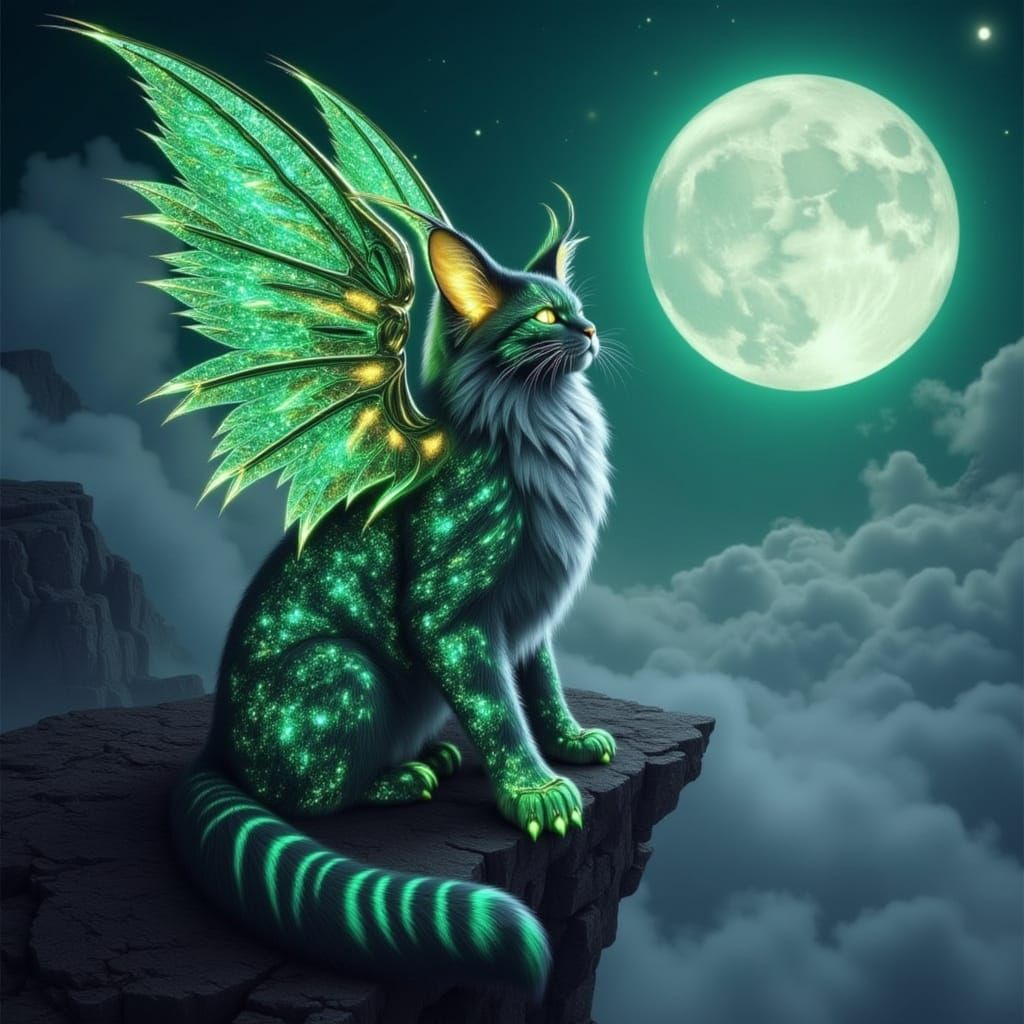 <lora:Pure Fantasy Cats:1.0> Fantasy art style. A magnificent fantasy cat with iridescent metallic light jade green metallic shimmering wing...