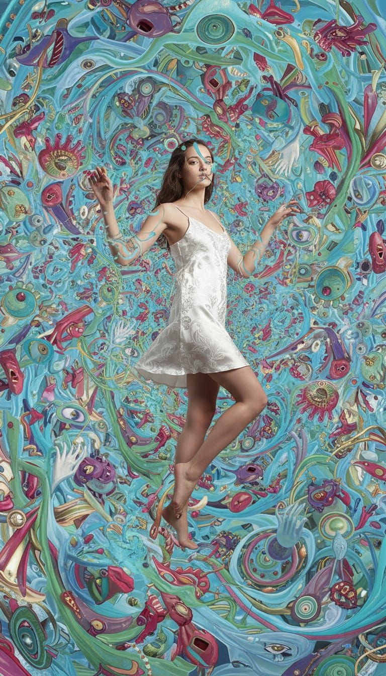 An abstract, psychedelic image of a young woman with a white silk sleeveless jacquard paisley minidress. She is barefoot in a dynamic pose s...