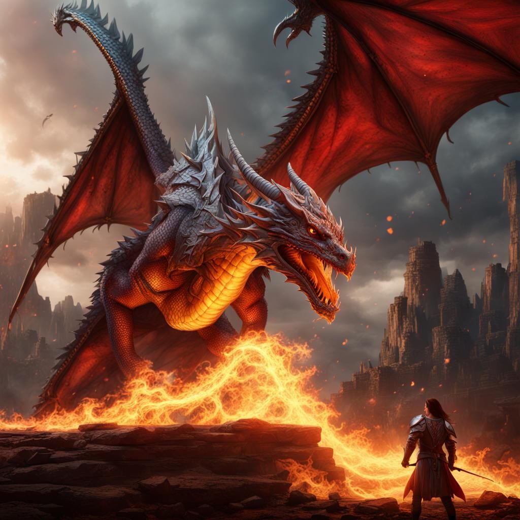 Fierce dragon breathing fire while a skilled warrior stands ...