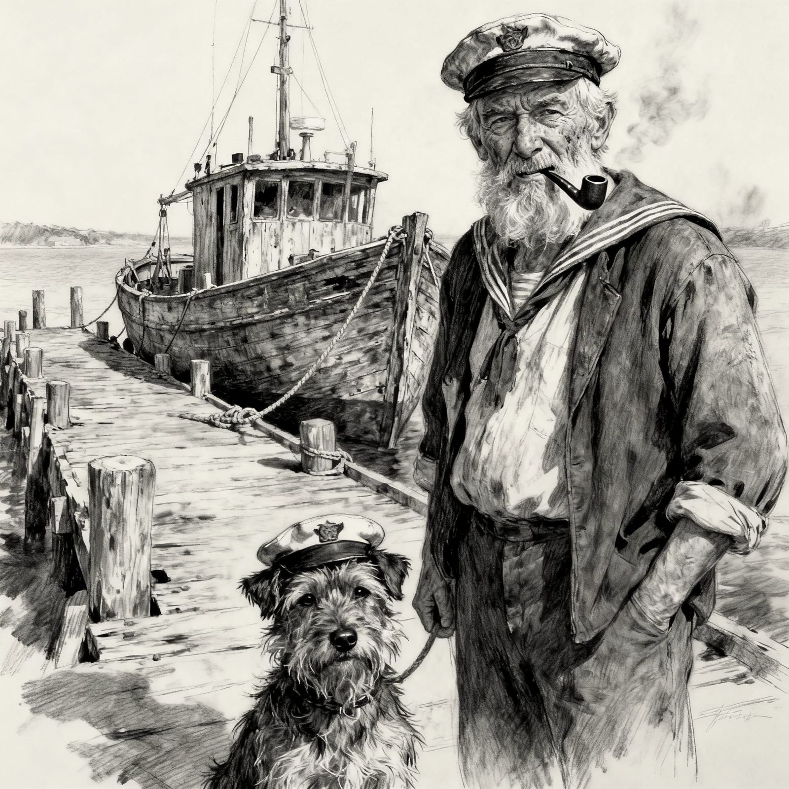 A charcoal image of a grizzled, old sailor with his scruffy terrier  by @Ailee