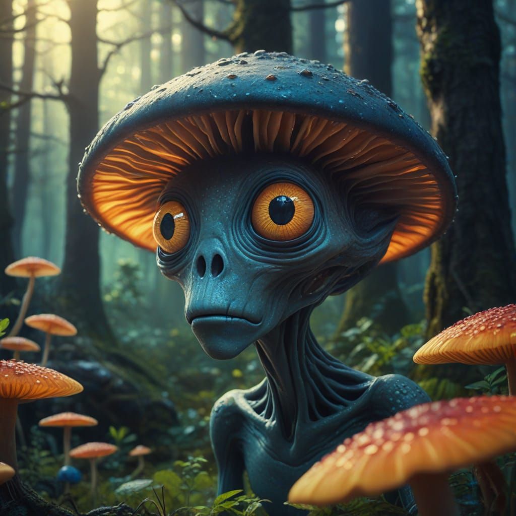 Mysterious Alien in Forest, Surreal Oil Painting