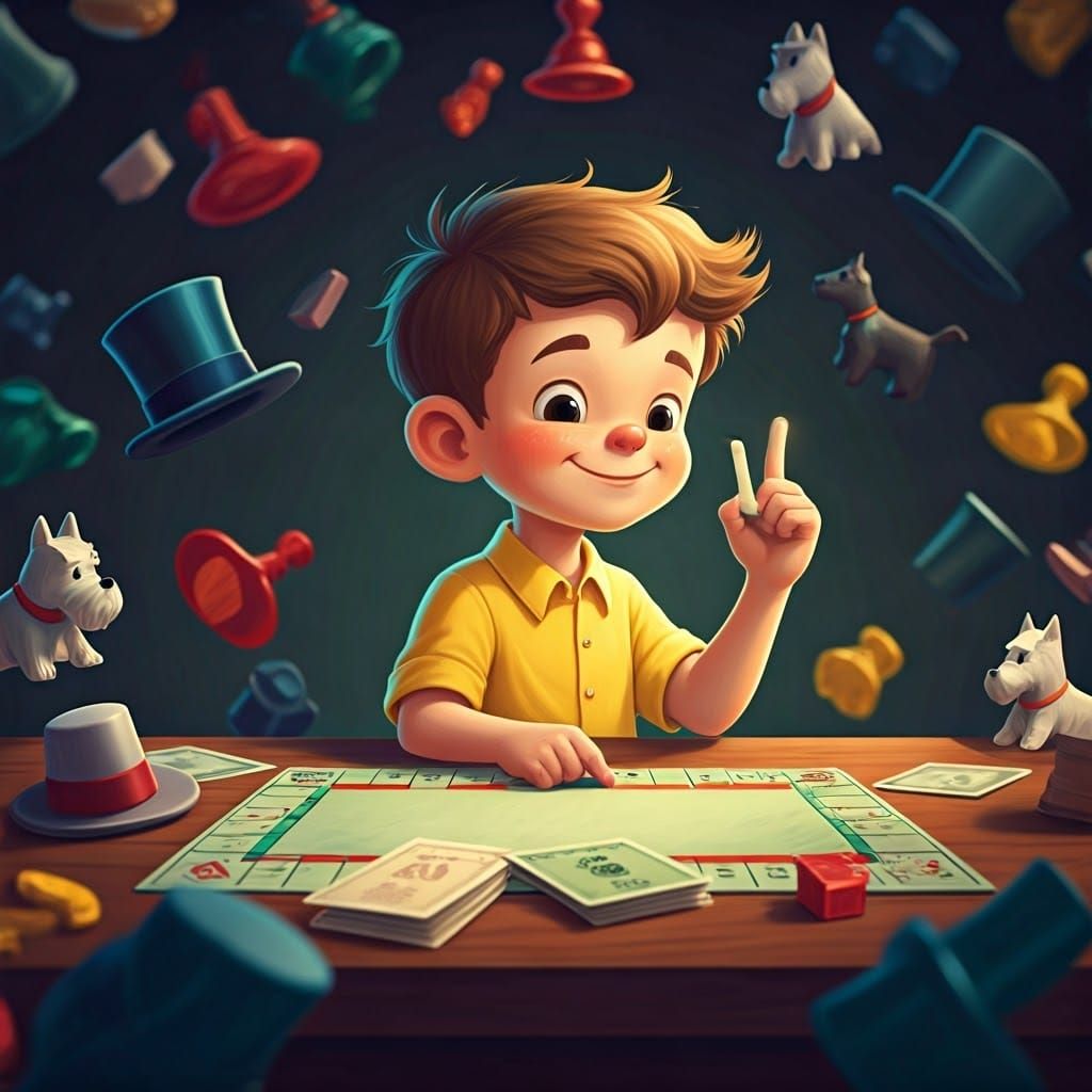 Playful Boy Surrounded by Colorful Monopoly Pieces in Whimsi...