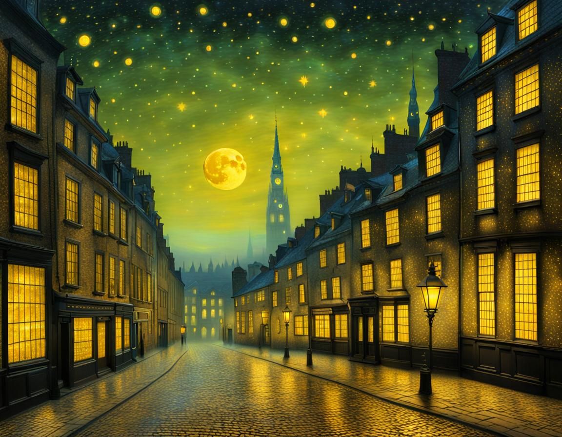 Old european city at starry night, John Atkinson Grimshaw, ...  by @Thunder Cube