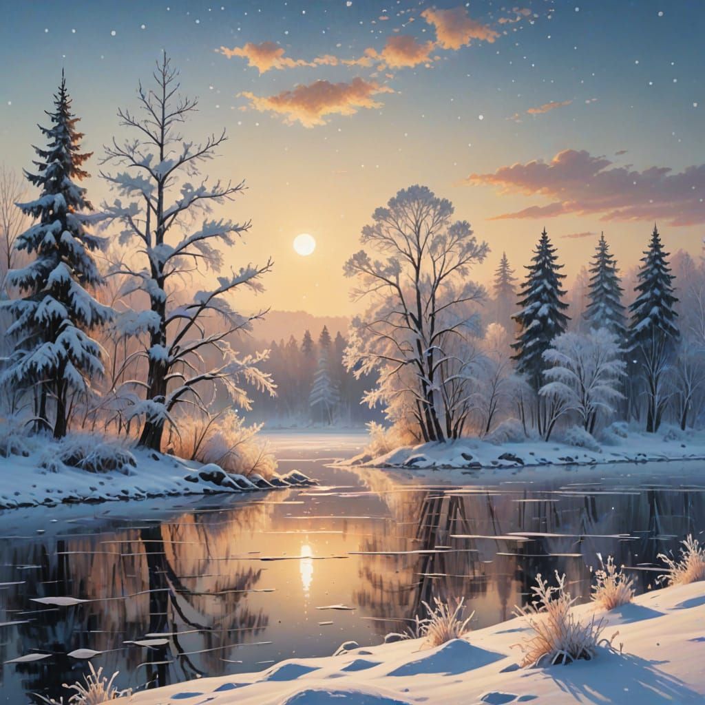 Snowy Winter Landscape in Oil Painting Style